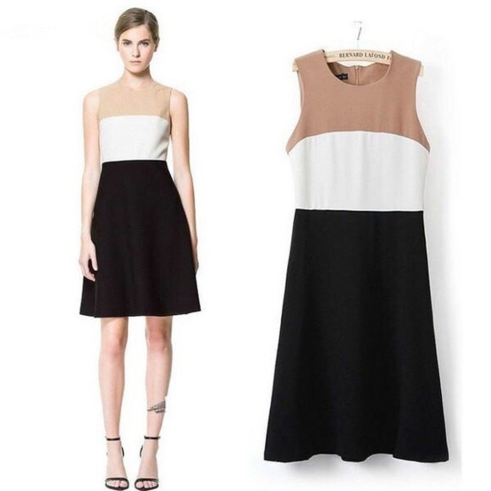 Beige,White,Black Color-block Dress
